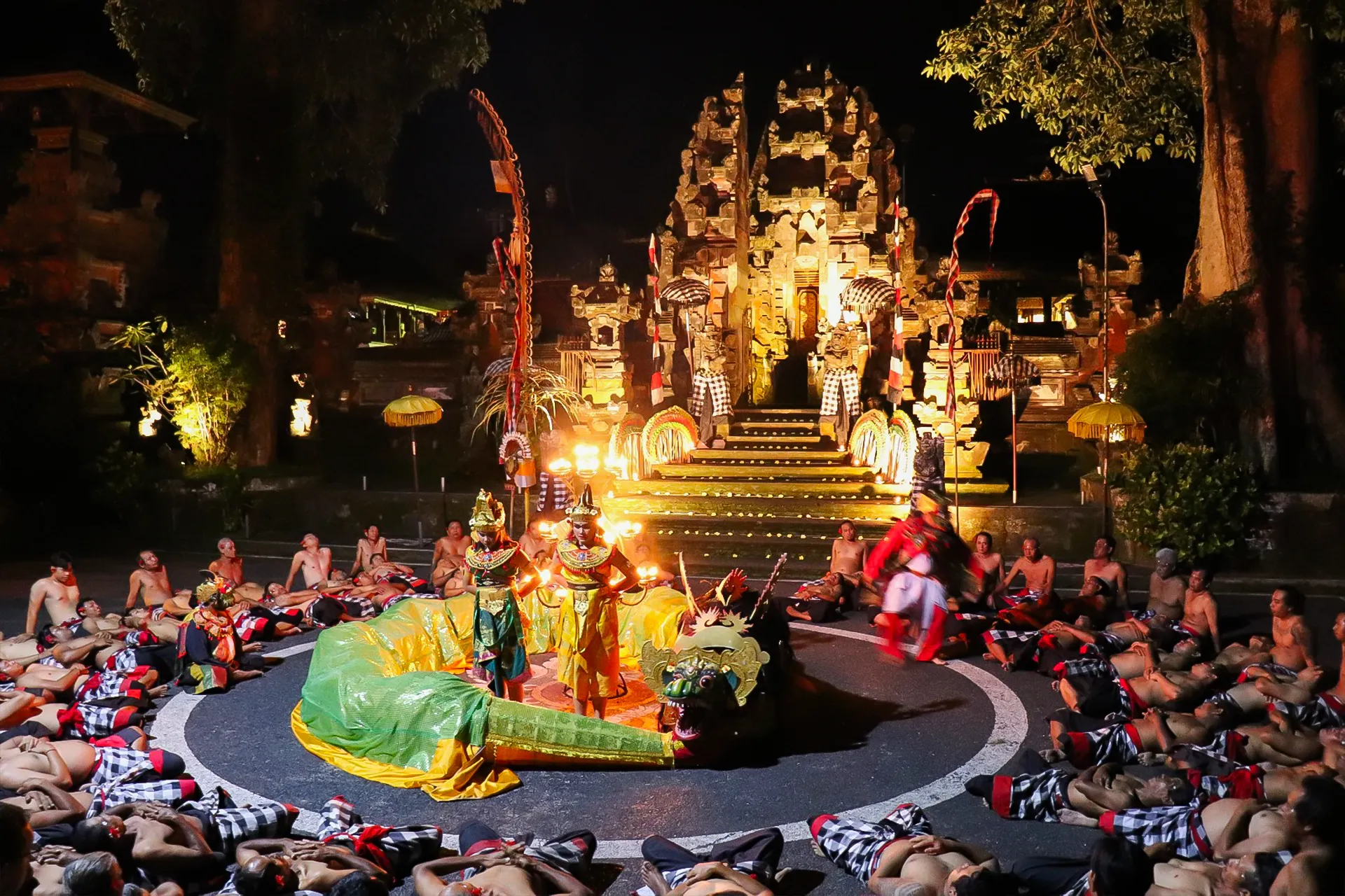 Traditional Balinese dance performance atmosphere in Ubud at night